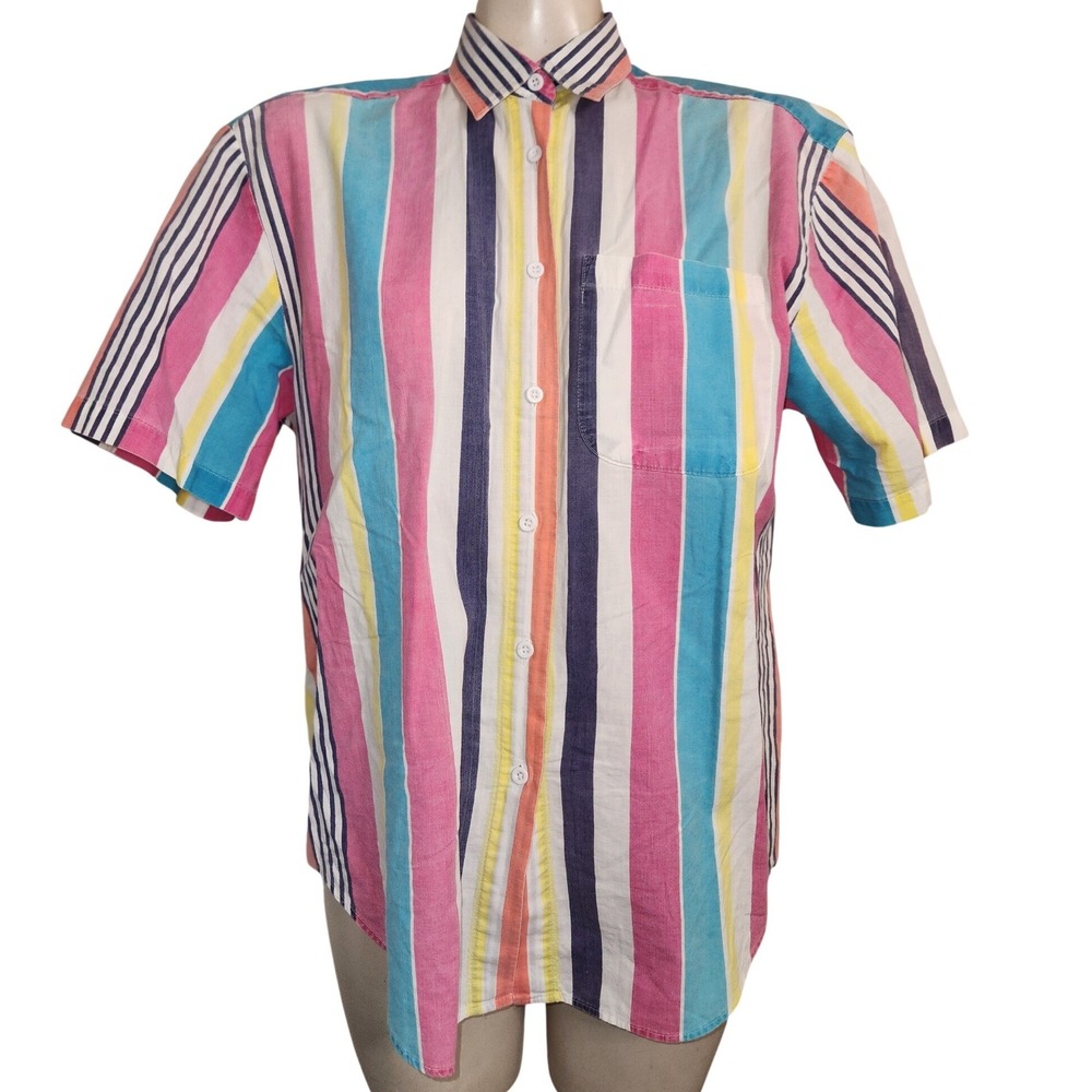 Vintage Chic Schooners Striped Button Down Shirt Short Sleeve Multi-Color Retro
